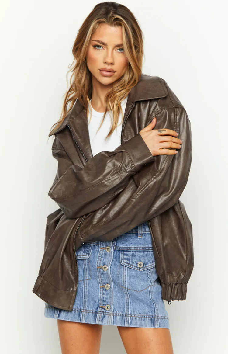 Abbi PU Vintage Brown Bomber Jacket