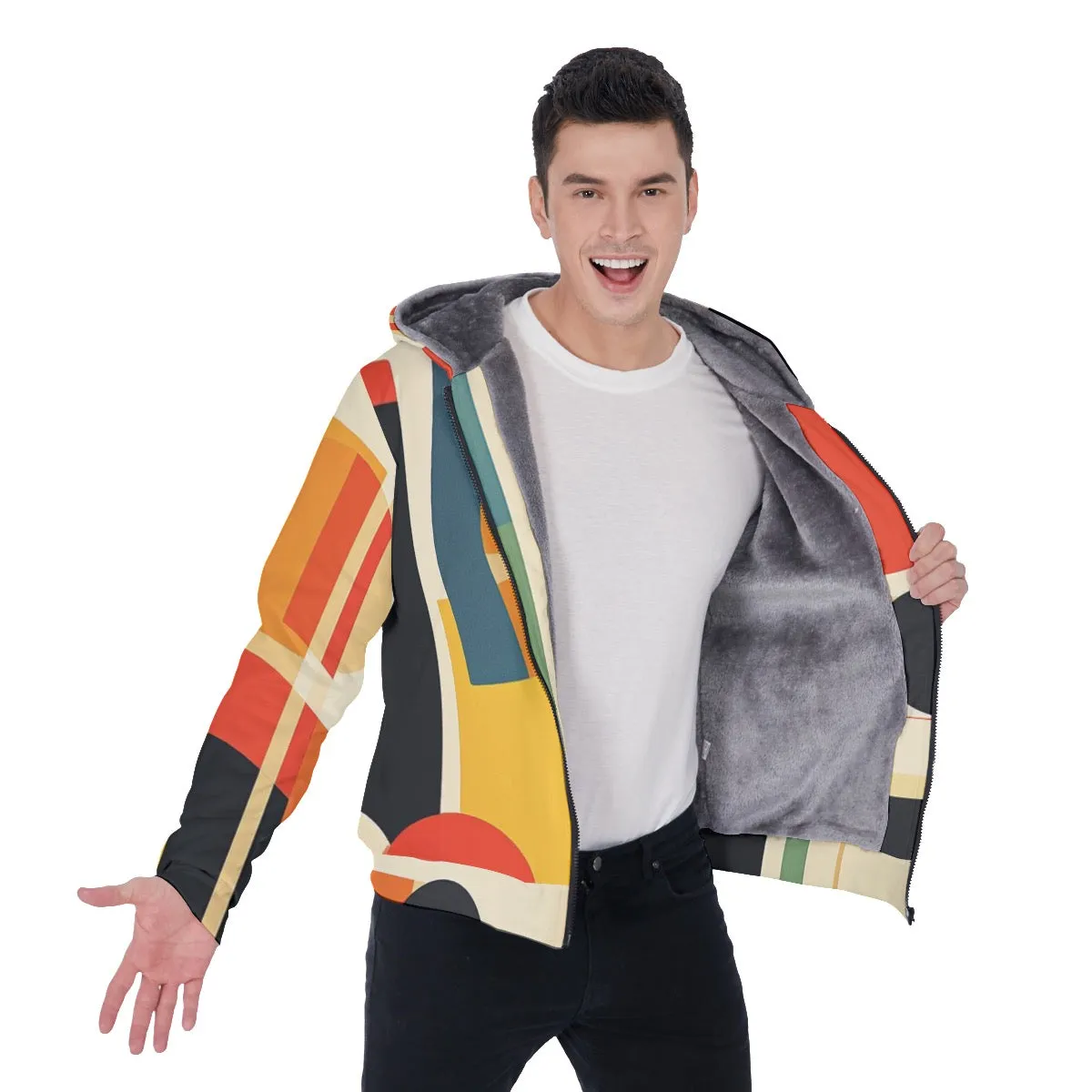 All-Over Print Men's Sherpa Fleece Zip Up Hoodie, Block and circle abstract, print and multi colors, #25P