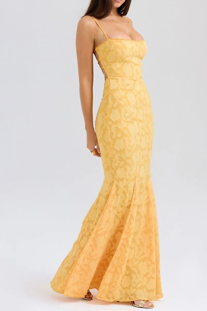 Apricot Lace Up Back Maxi Dress