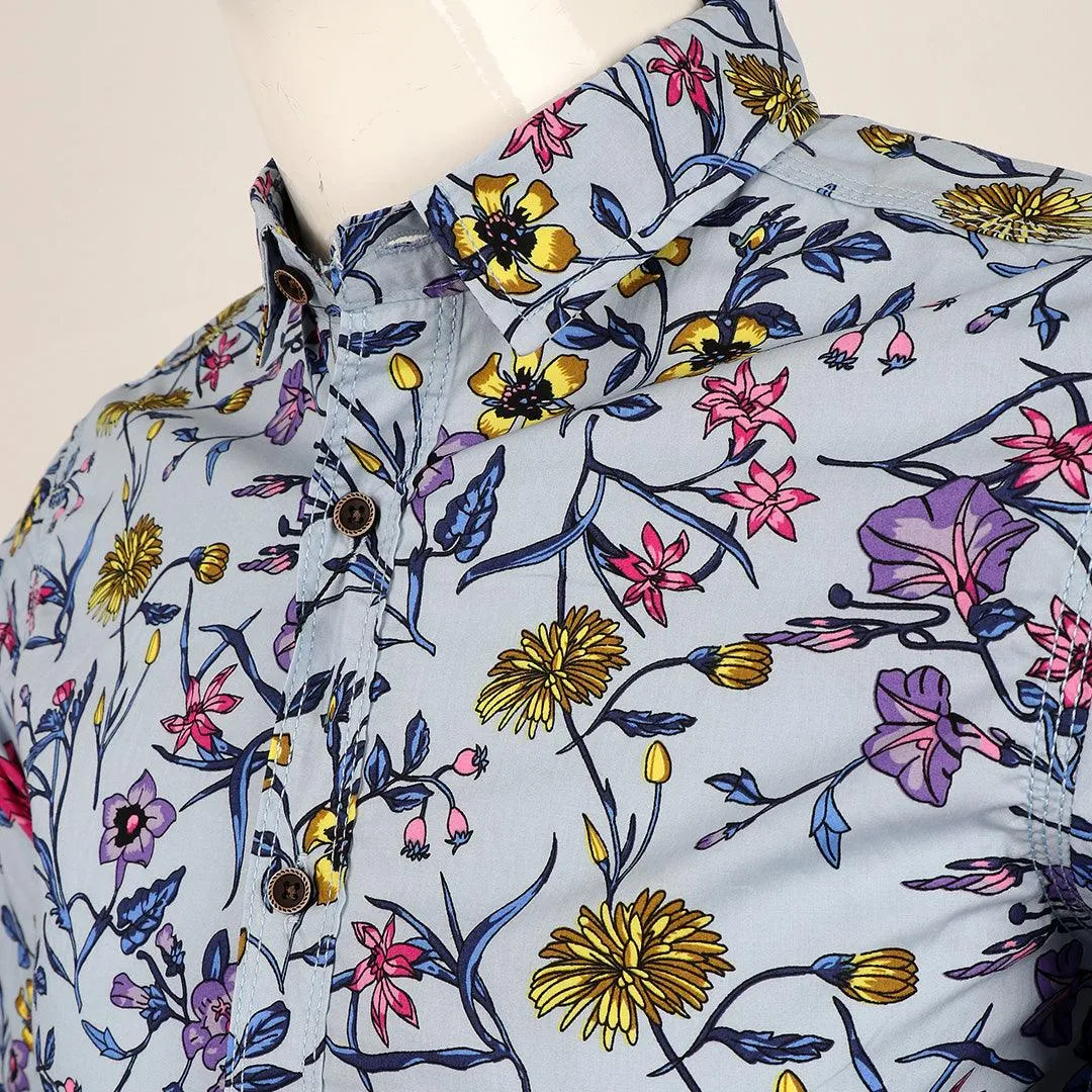 Badgley Executive Floral Print Blue Long Sleeve Shirt