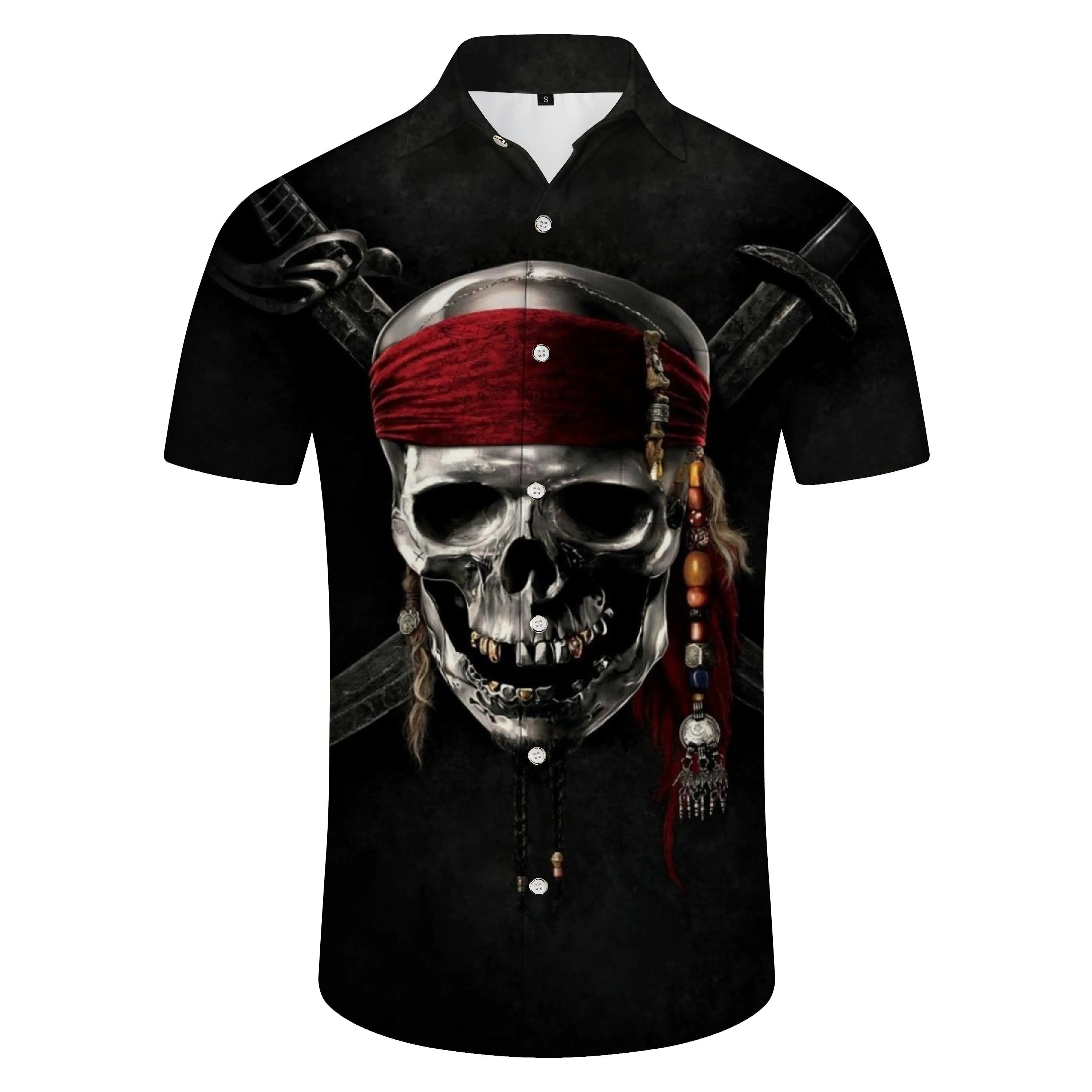 Brand new men's Hawaiian button print abstract skull king shirt short sleeve clothing