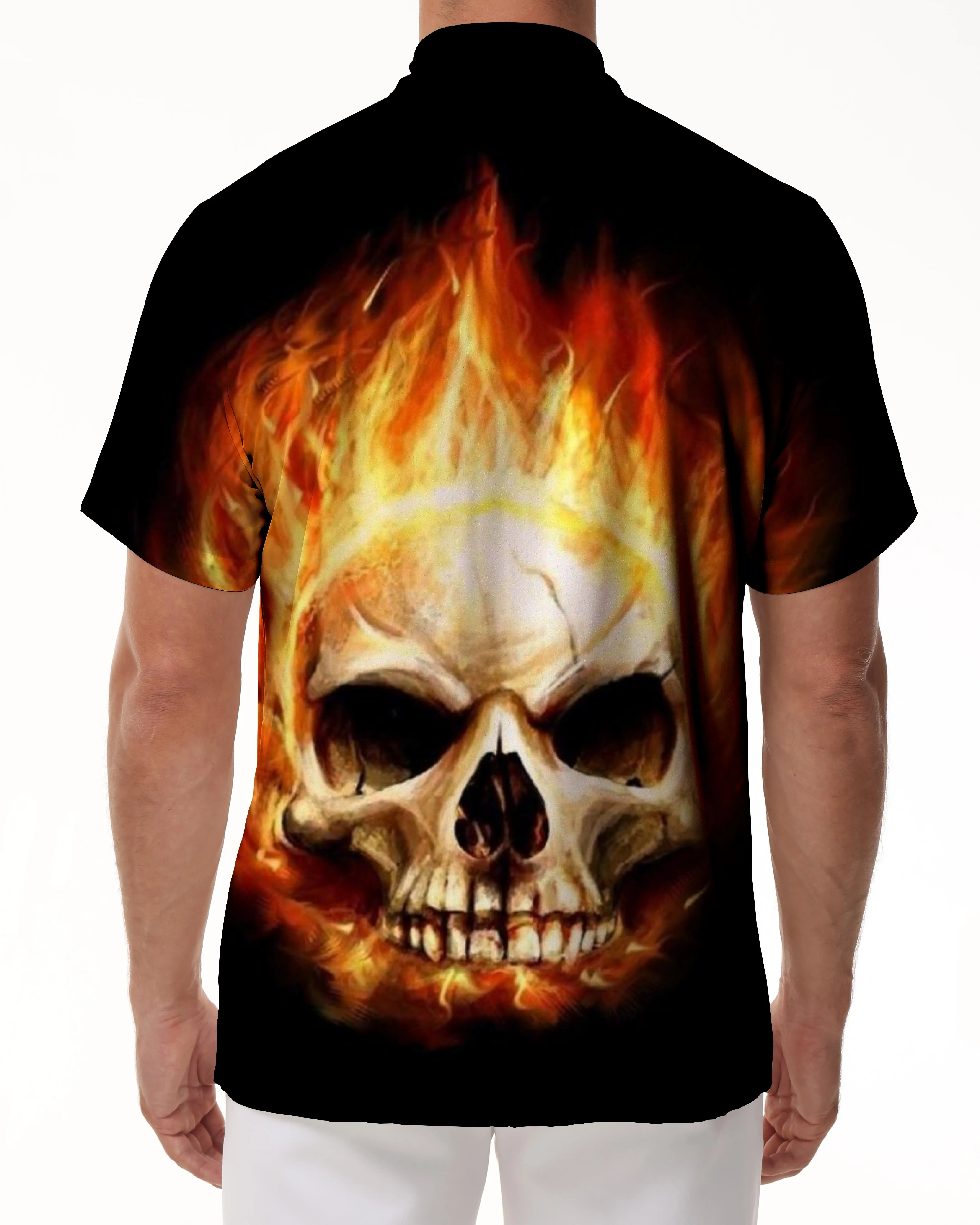 Casual Hawaiian button men's flame skull black short shirt short sleeve clothing