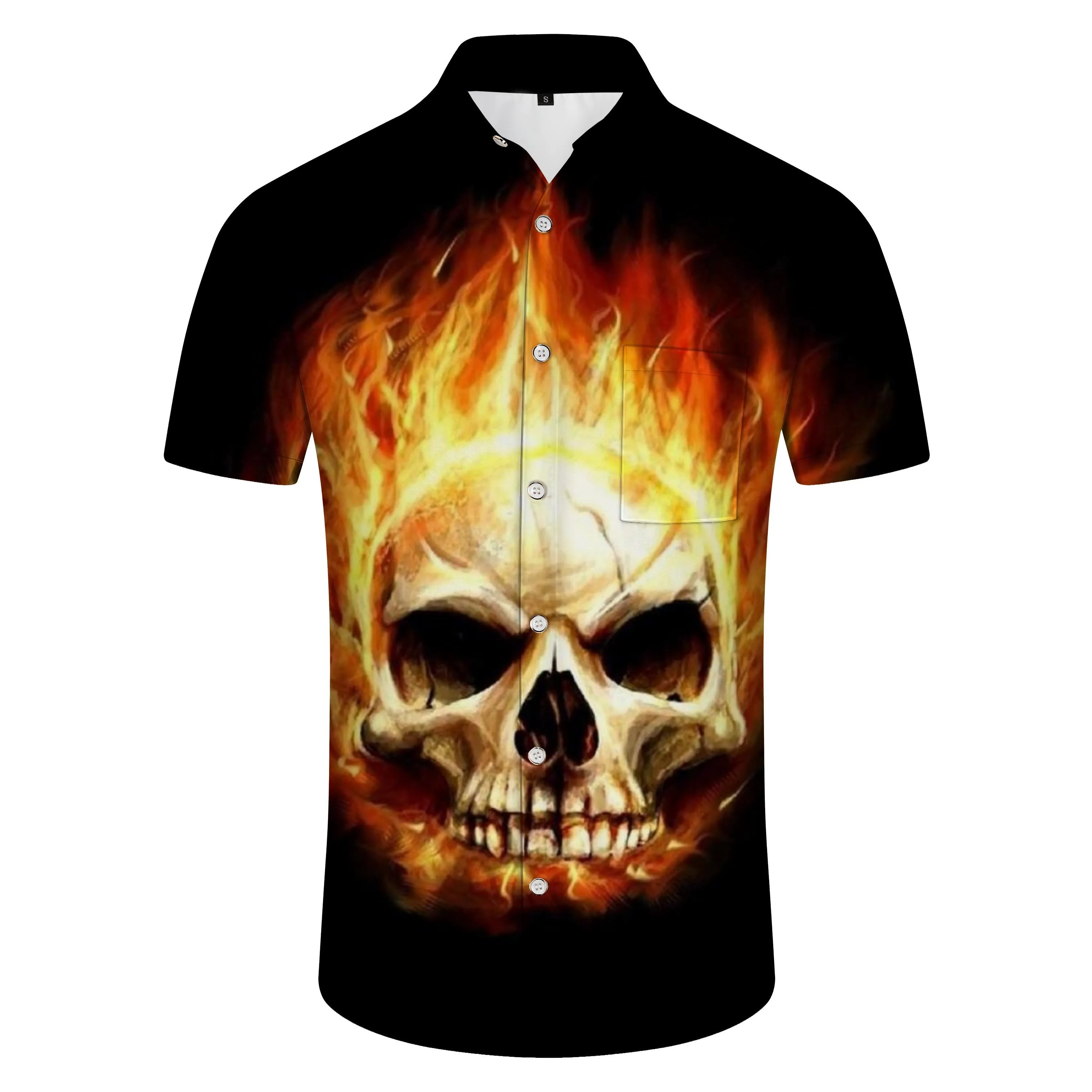 Casual Hawaiian button men's flame skull black short shirt short sleeve clothing