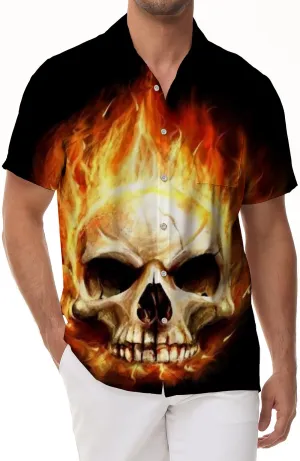 Casual Hawaiian button men's flame skull black short shirt short sleeve clothing