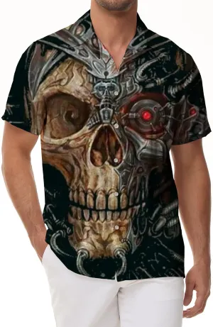 Casual Hawaiian men's button personalized print black skull shirt short sleeve clothing