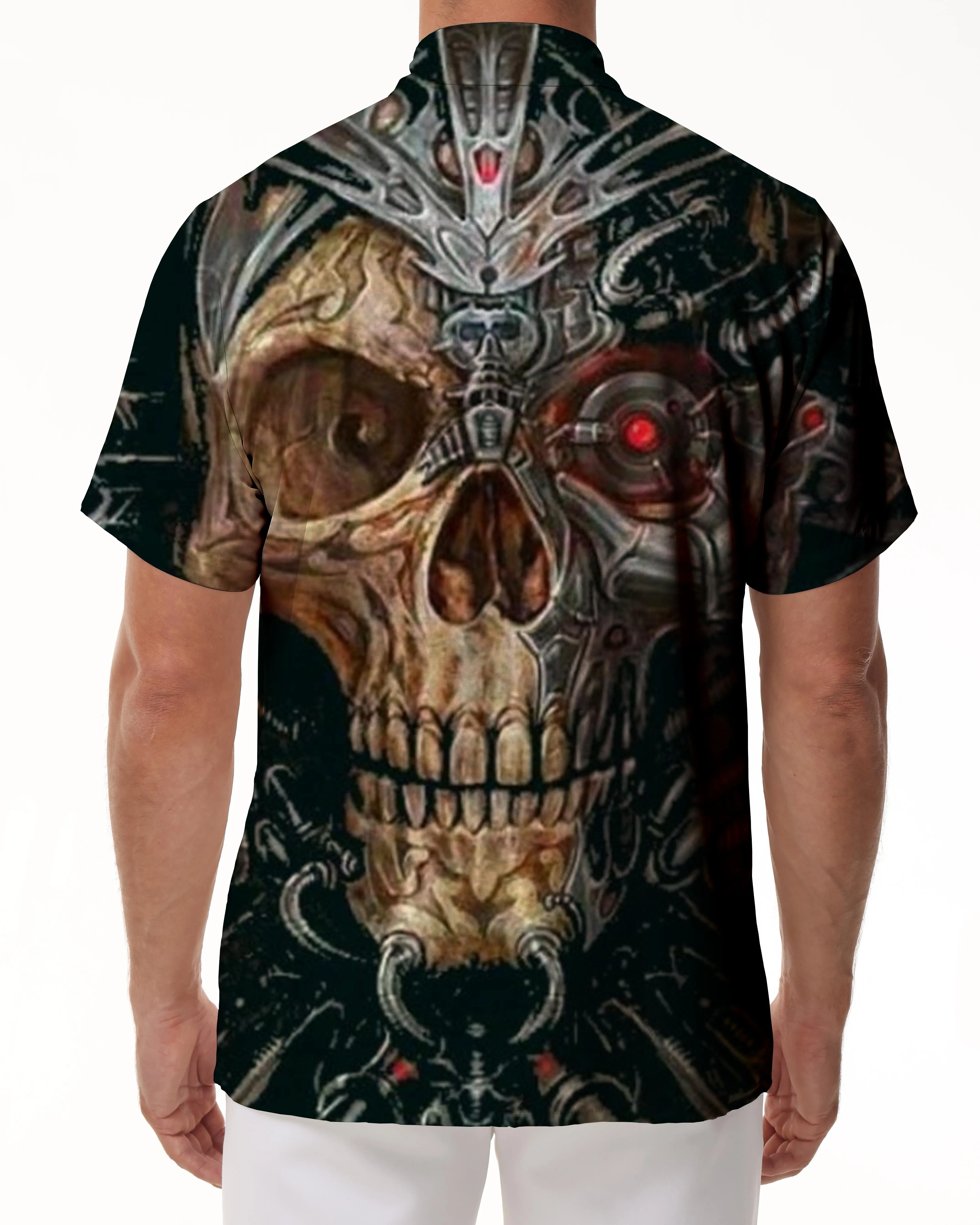 Casual Hawaiian men's button personalized print black skull shirt short sleeve clothing