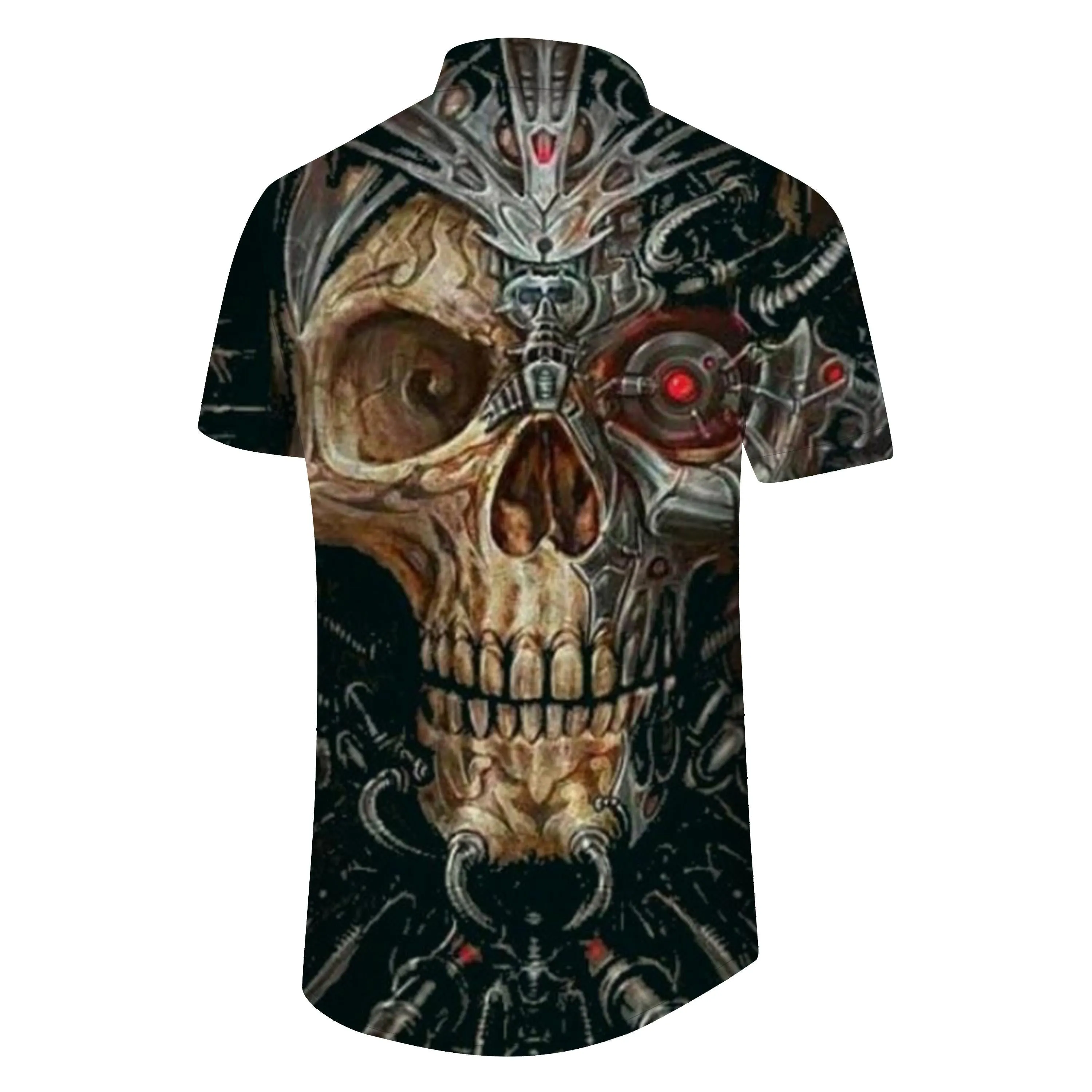 Casual Hawaiian men's button personalized print black skull shirt short sleeve clothing