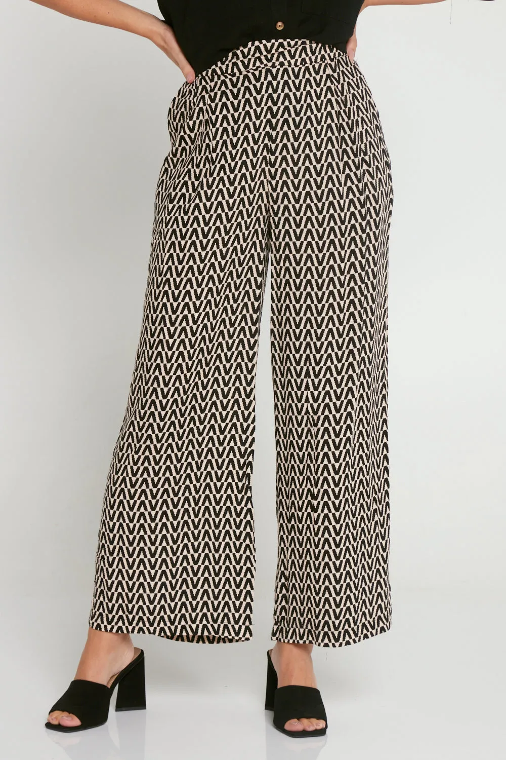 Daria Wide Leg Pants - Black/Beige Chevron