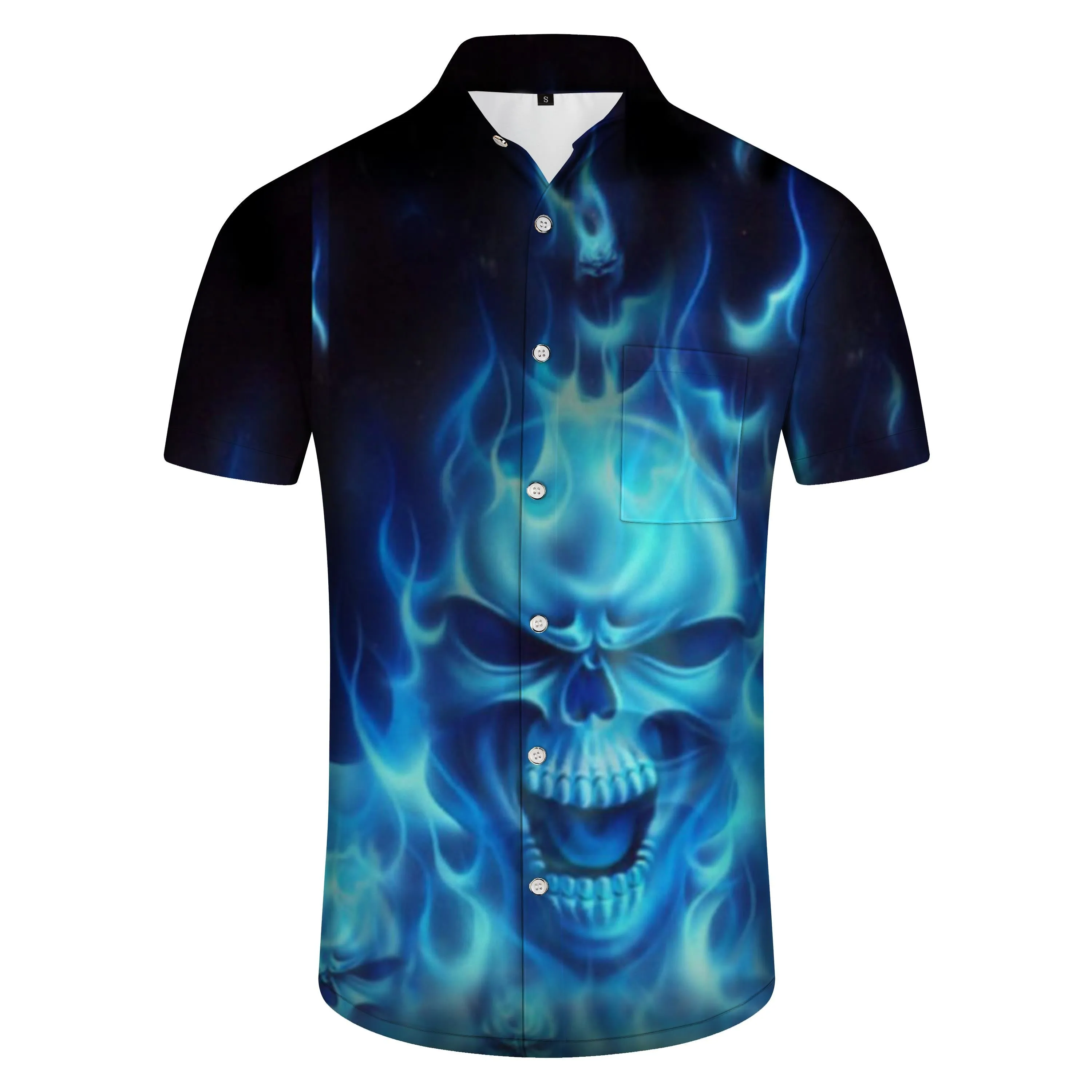 Design summer skull men casual hawaiian button print short sleeve clothing blue ghost skull shirt