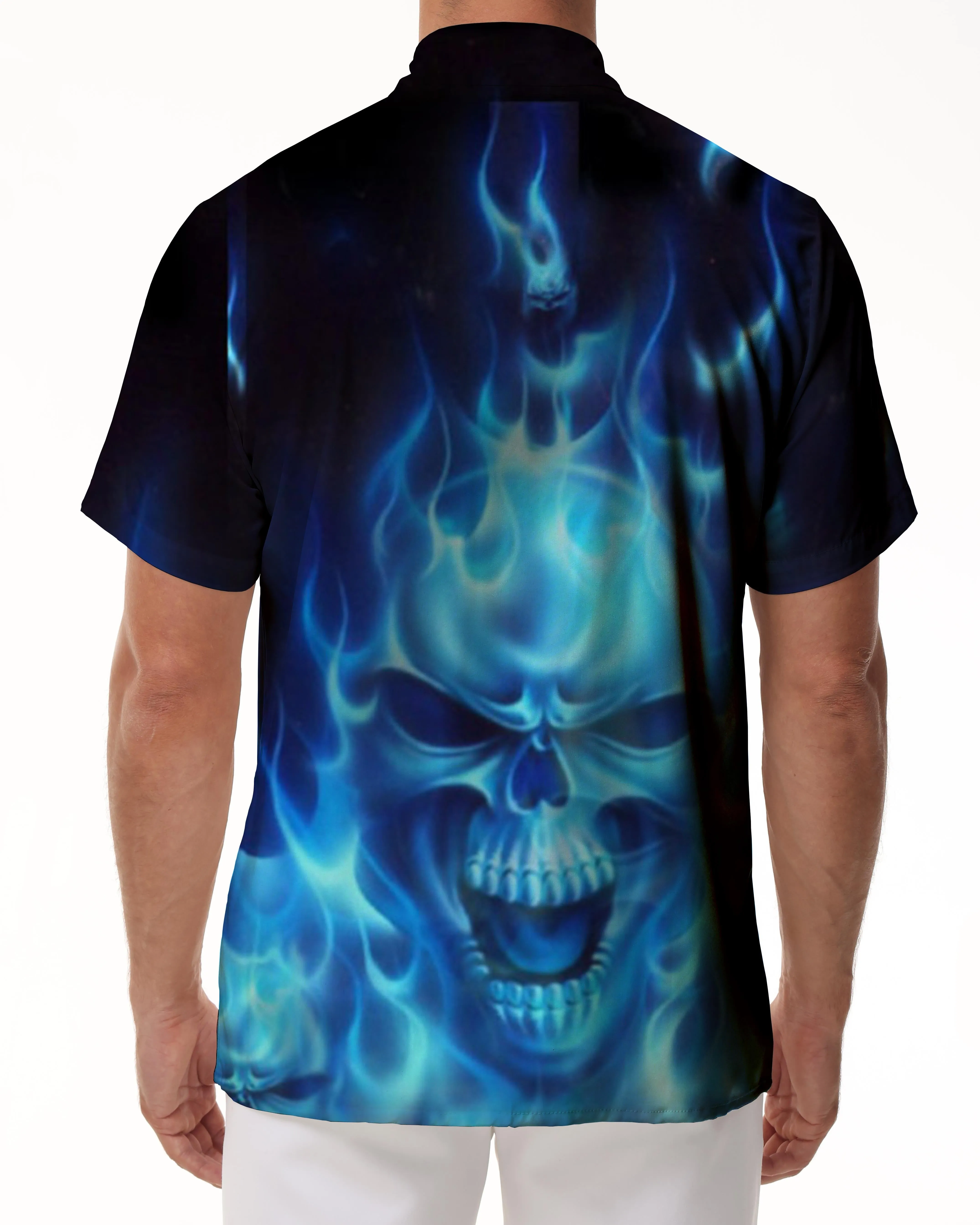 Design summer skull men casual hawaiian button print short sleeve clothing blue ghost skull shirt