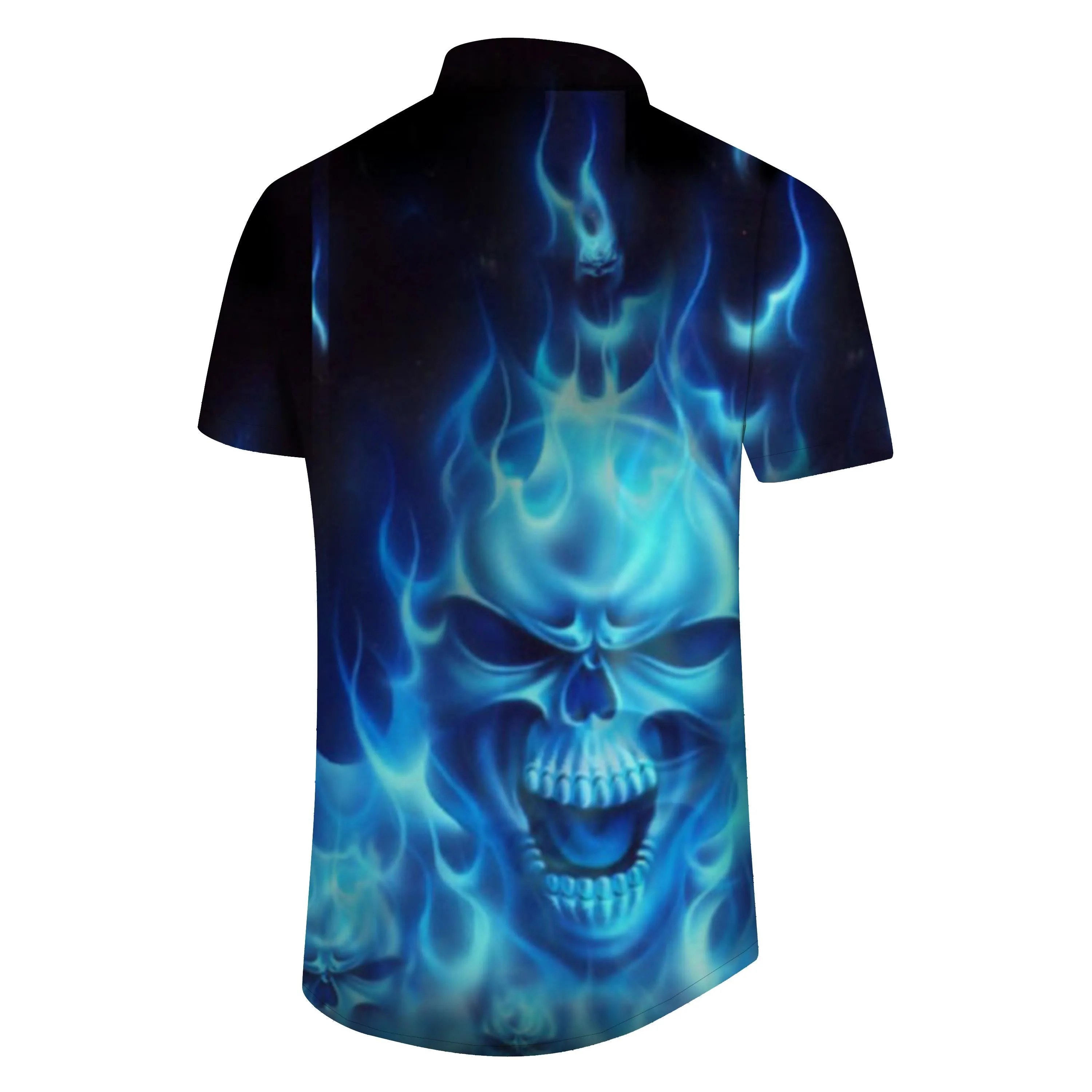 Design summer skull men casual hawaiian button print short sleeve clothing blue ghost skull shirt