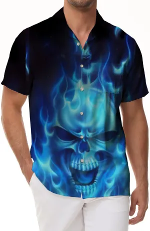 Design summer skull men casual hawaiian button print short sleeve clothing blue ghost skull shirt