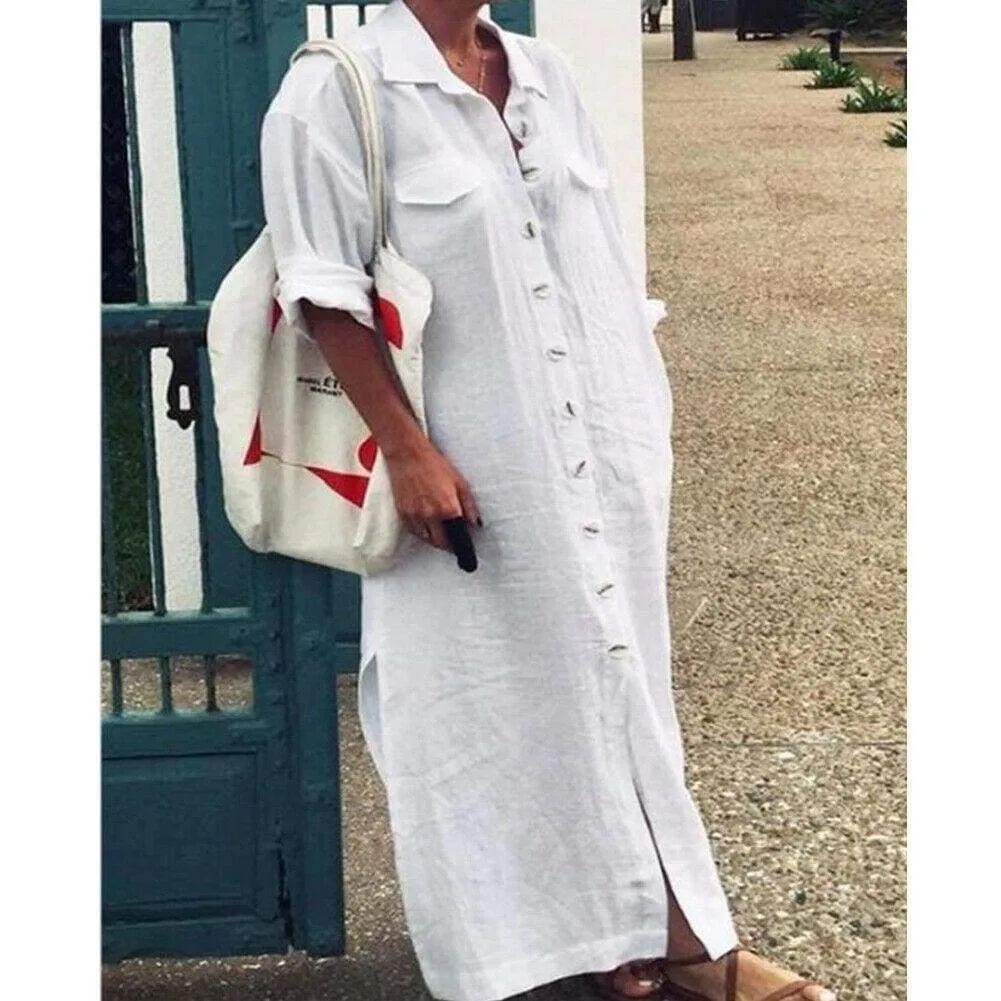 FashionSierra - New Women's Casual Plain Long Sleeve Maxi Dress Ladies Loose Kaftan Tunic Baggy Button Down Long Shirt Dresses