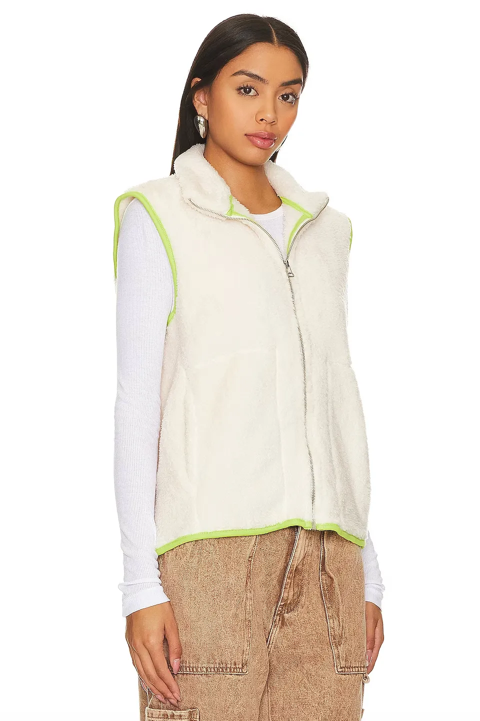 Faux Fur Zipper Vest ~ Cream/Lime