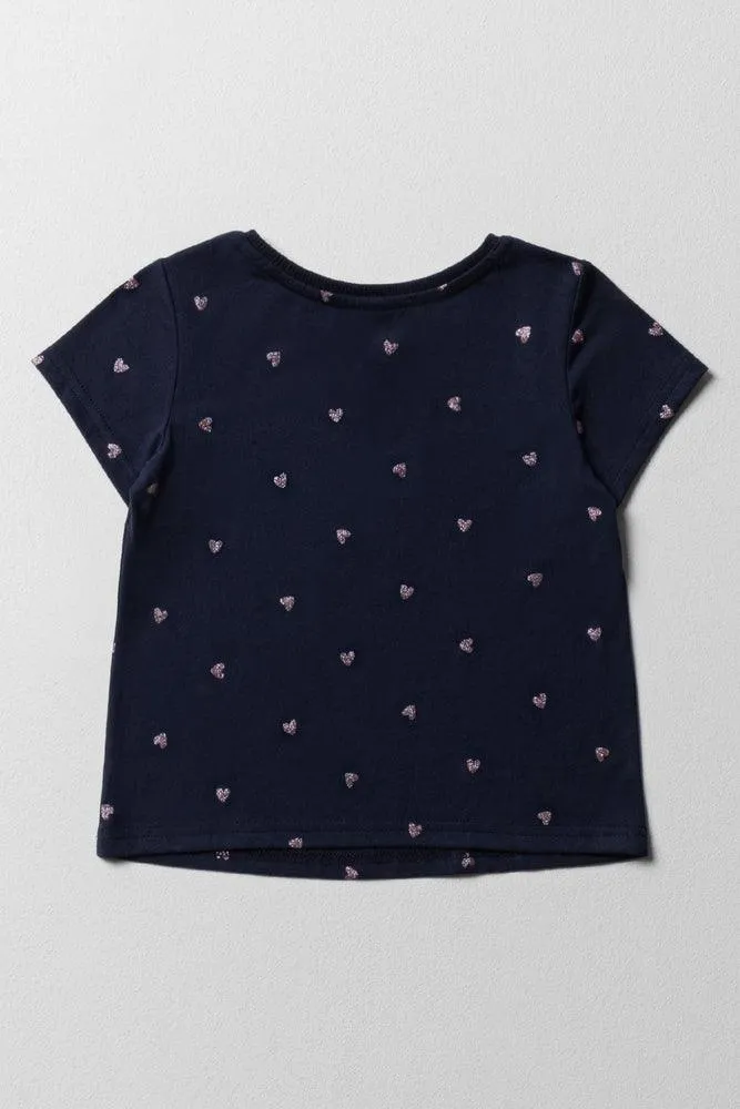 Glitter Heart Short Sleeve T-Shirt Navy