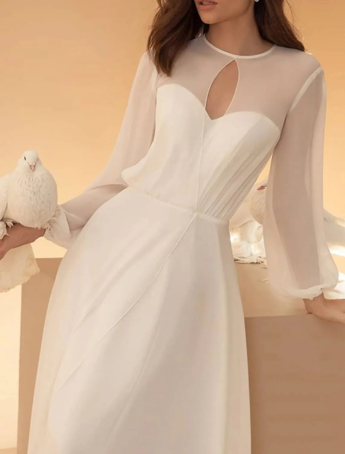 Hall Casual Wedding Dresses A-Line Illusion Neck Long Sleeve Floor Length Chiffon Bridal Gowns With Summer Wedding Party