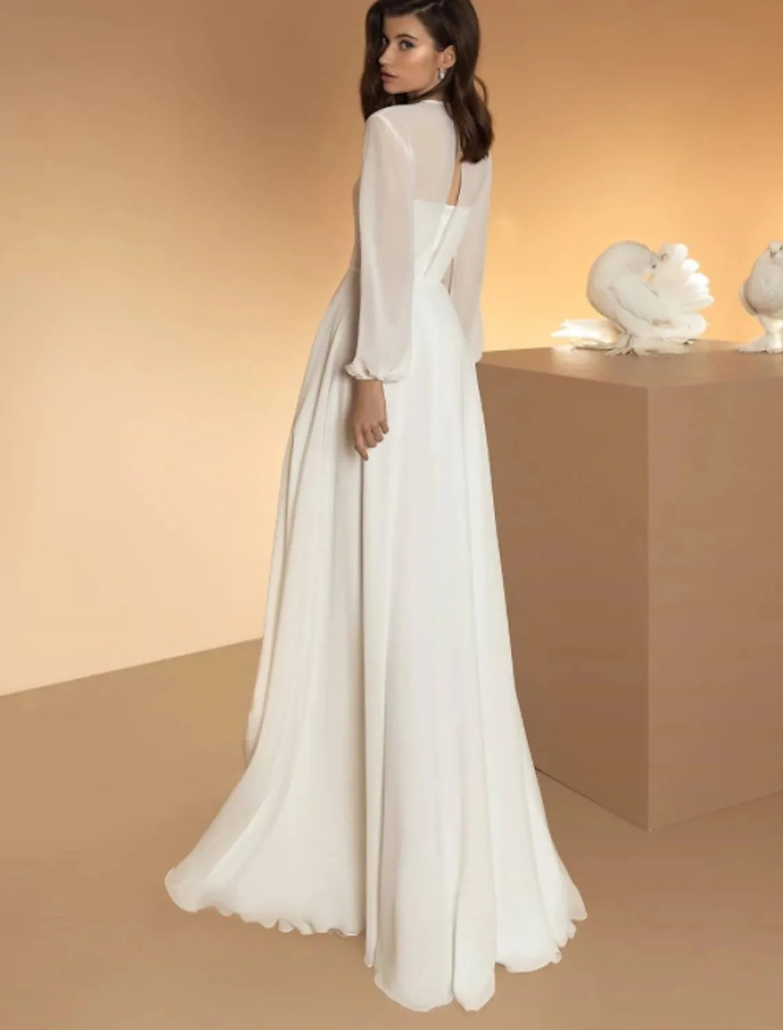 Hall Casual Wedding Dresses A-Line Illusion Neck Long Sleeve Floor Length Chiffon Bridal Gowns With Summer Wedding Party