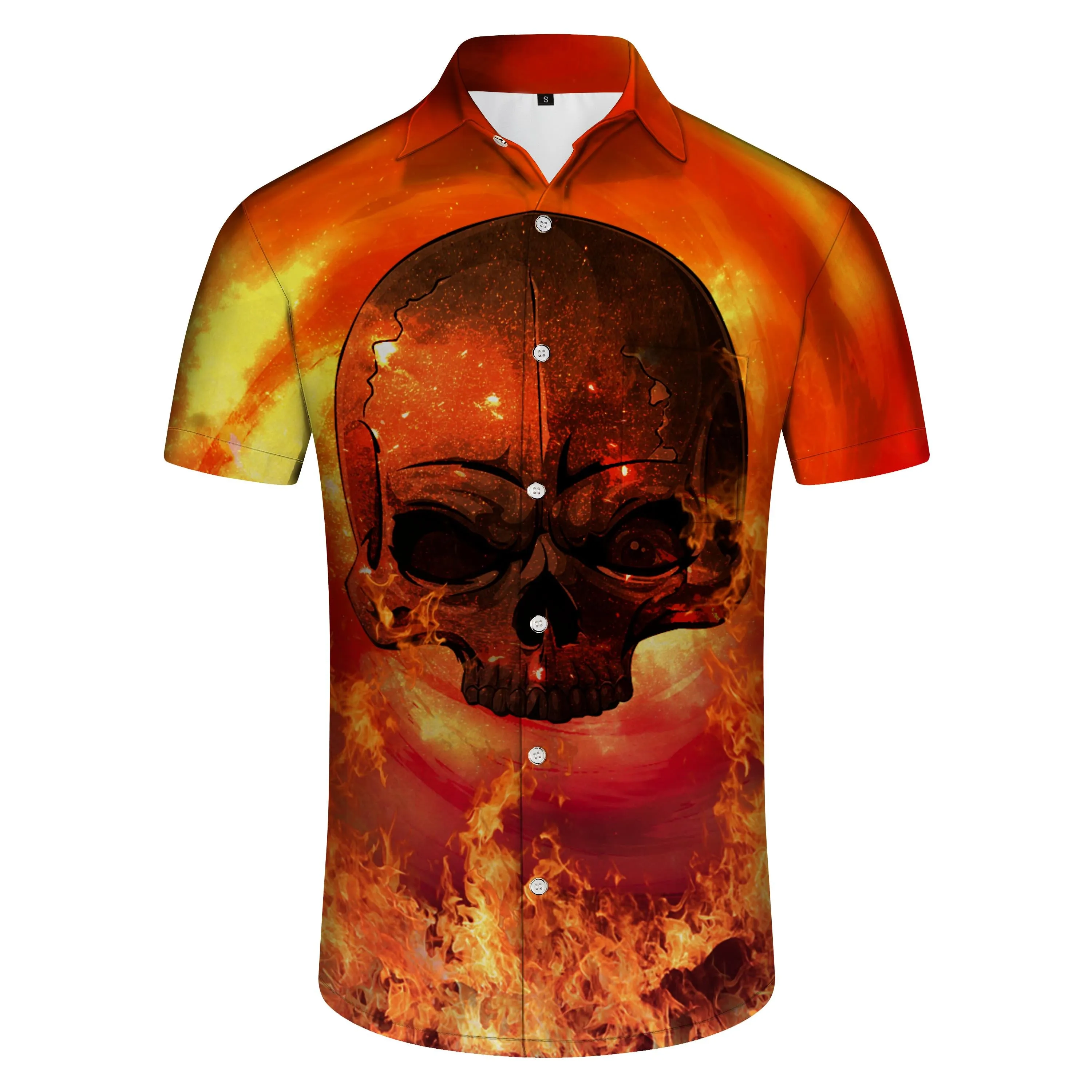 Hellfire Casual Mens Hawaiian Button Print Shirt Skull Orange Summer Short Sleeve Tropical Outfit