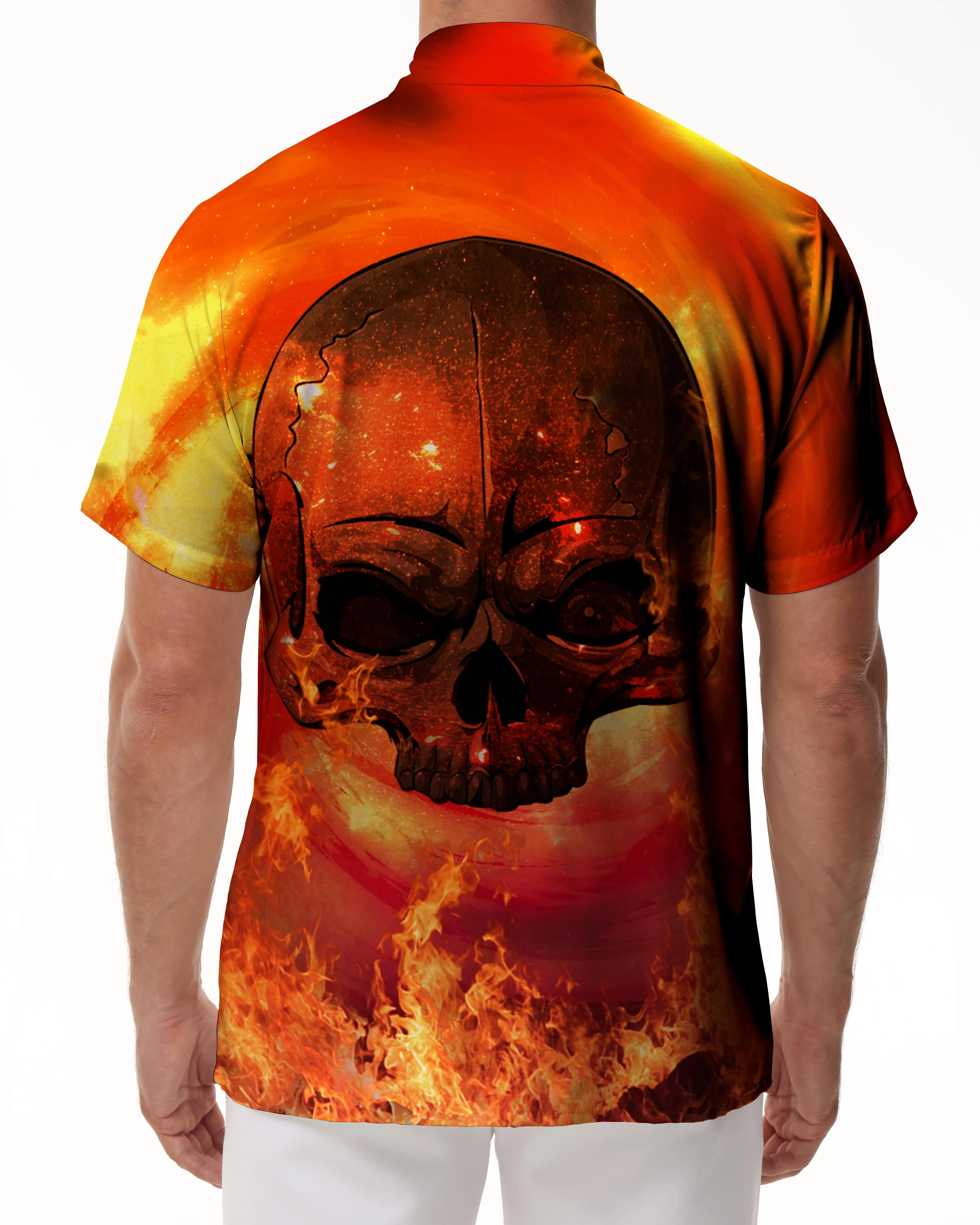 Hellfire Casual Mens Hawaiian Button Print Shirt Skull Orange Summer Short Sleeve Tropical Outfit