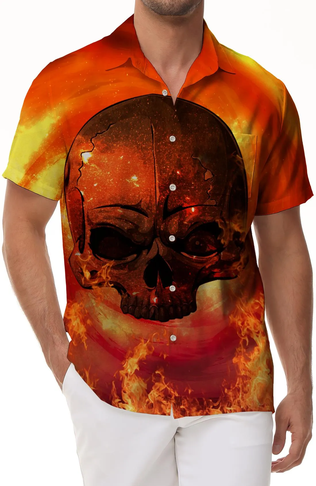 Hellfire Casual Mens Hawaiian Button Print Shirt Skull Orange Summer Short Sleeve Tropical Outfit