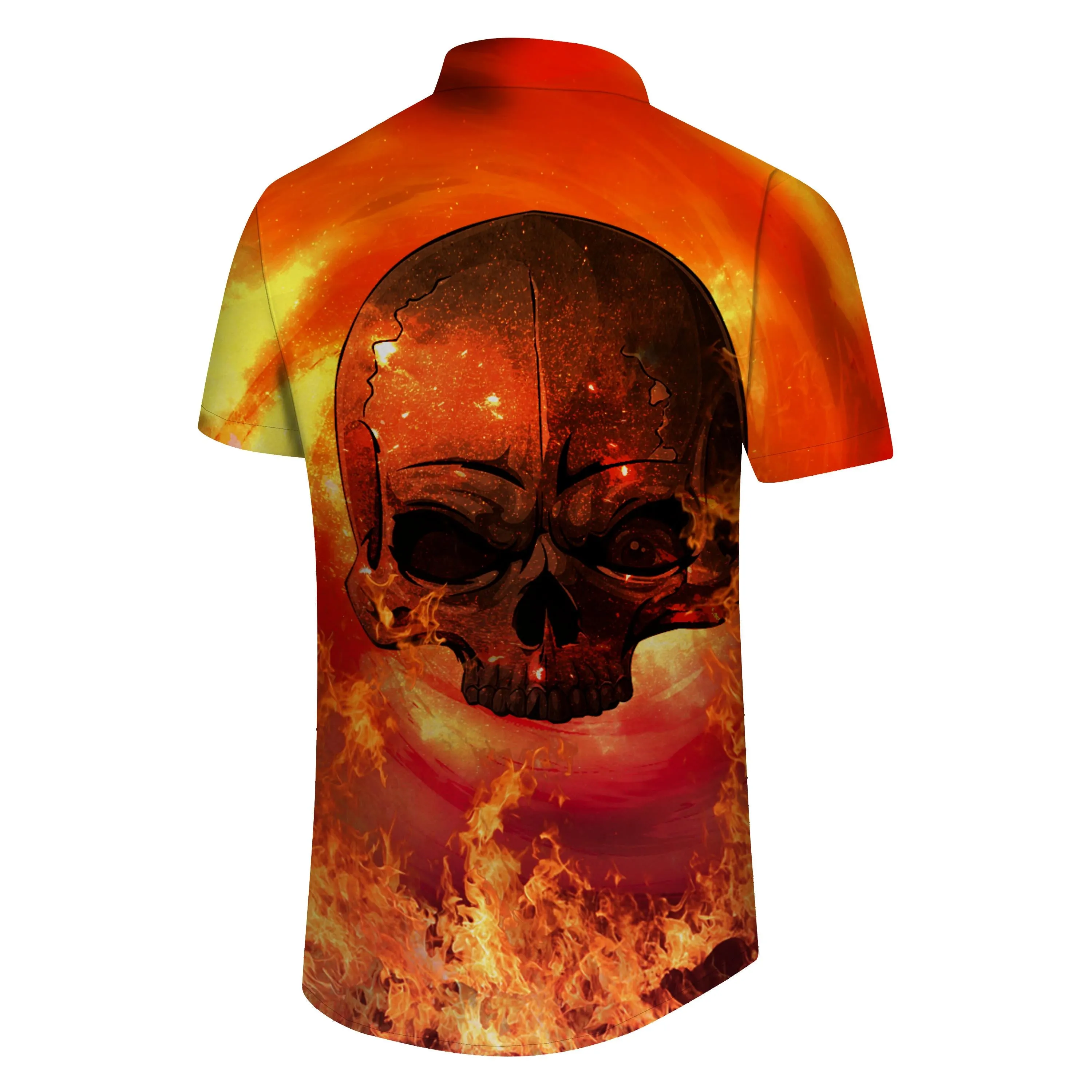 Hellfire Casual Mens Hawaiian Button Print Shirt Skull Orange Summer Short Sleeve Tropical Outfit