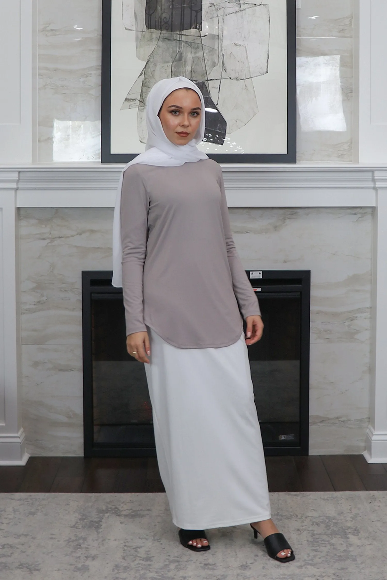 High Neck Long Sleeve Top- Light Gray