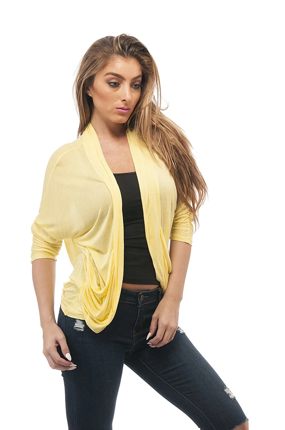 Hollywood Star Fashion Short Sleeve Drape Pockets Open Front Cardigan