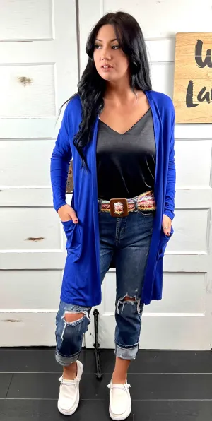 Kendra Light Weight Cardigan in Royal w/Front Pockets