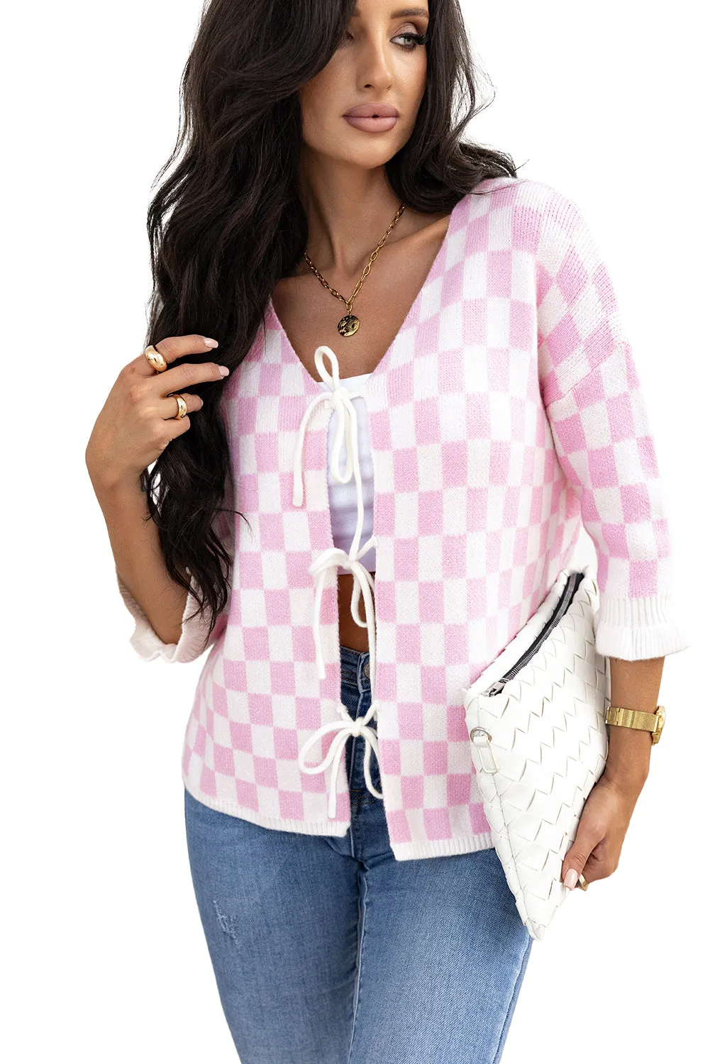 Knitted Lace-up Ruffled 3/4 Sleeve Cardigan