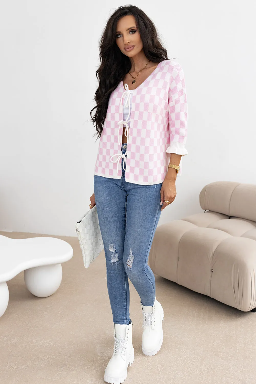 Knitted Lace-up Ruffled 3/4 Sleeve Cardigan