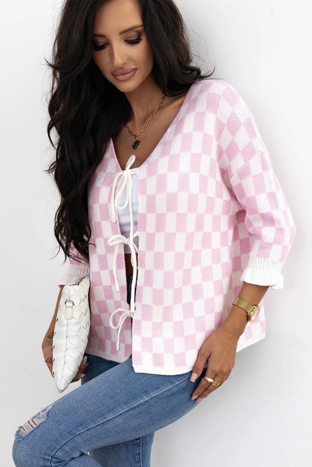 Knitted Lace-up Ruffled 3/4 Sleeve Cardigan