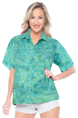 LA LEELA Women's Beach Button Down Short Sleeve Casual hand printed Blouse Turquoise