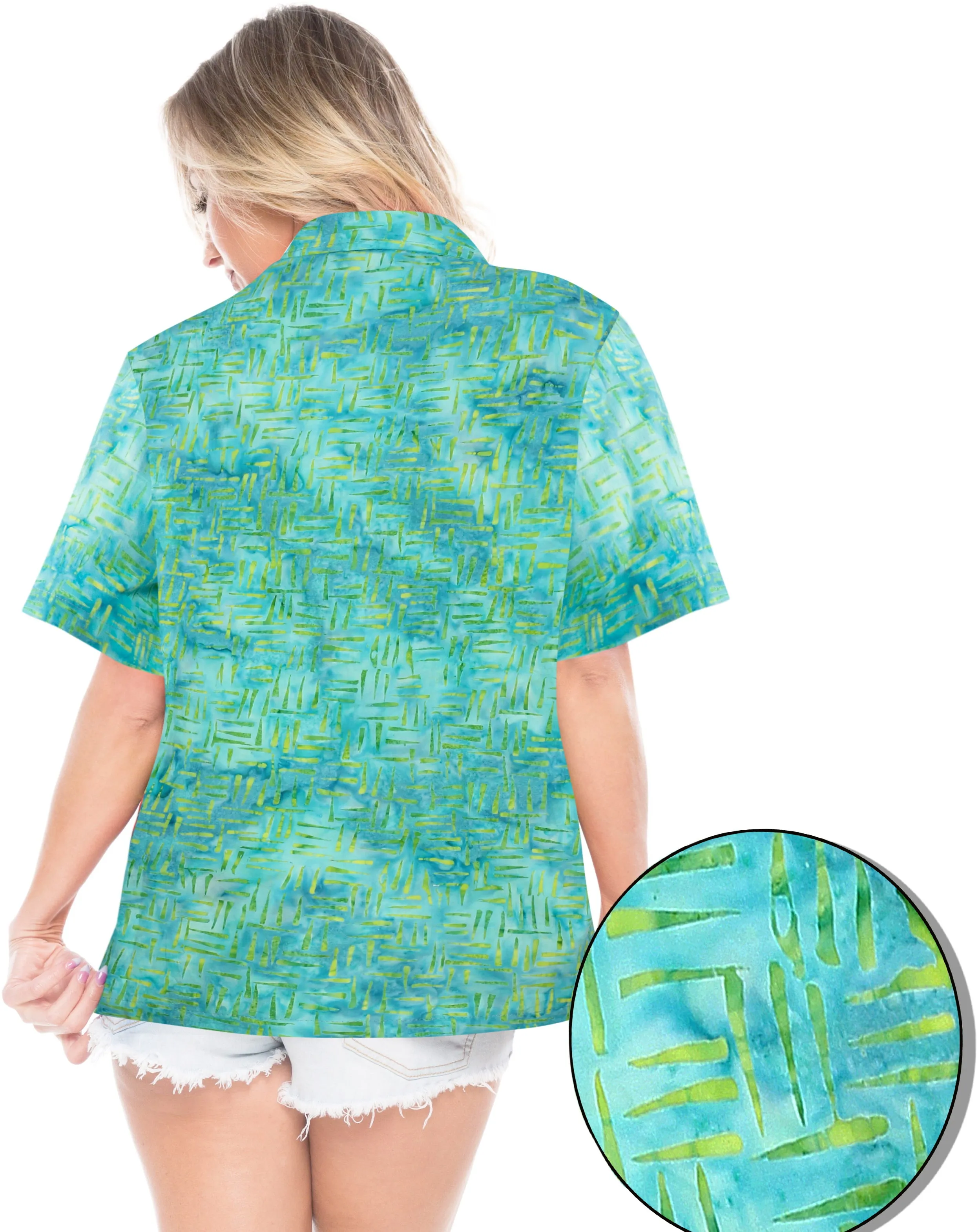 LA LEELA Women's Beach Button Down Short Sleeve Casual hand printed Blouse Turquoise