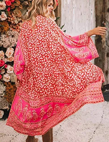 Long Sleeve Floral Kimono Women's Beach Cover Up