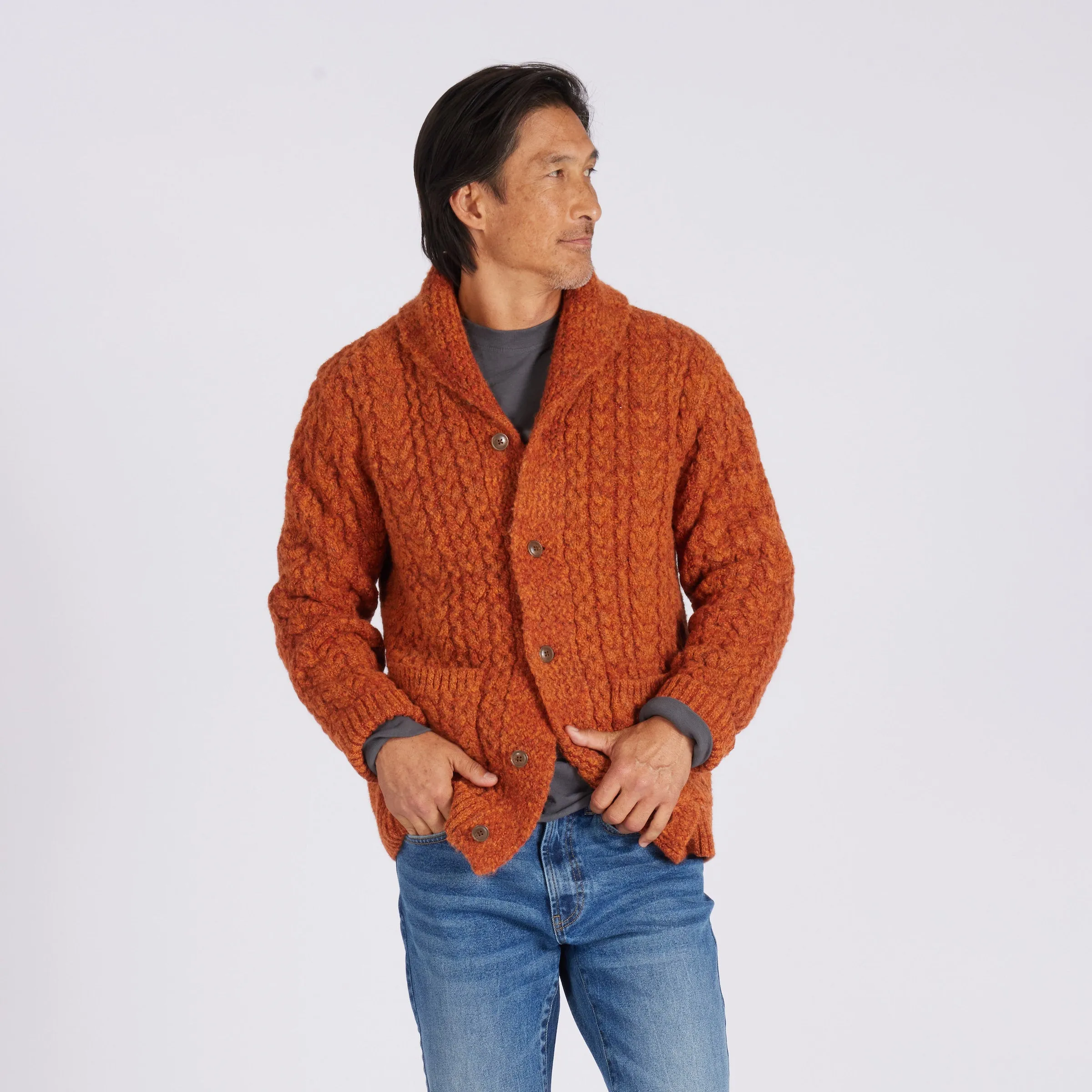 Melange Cable  Shawl Cardigan - Burnt Orange