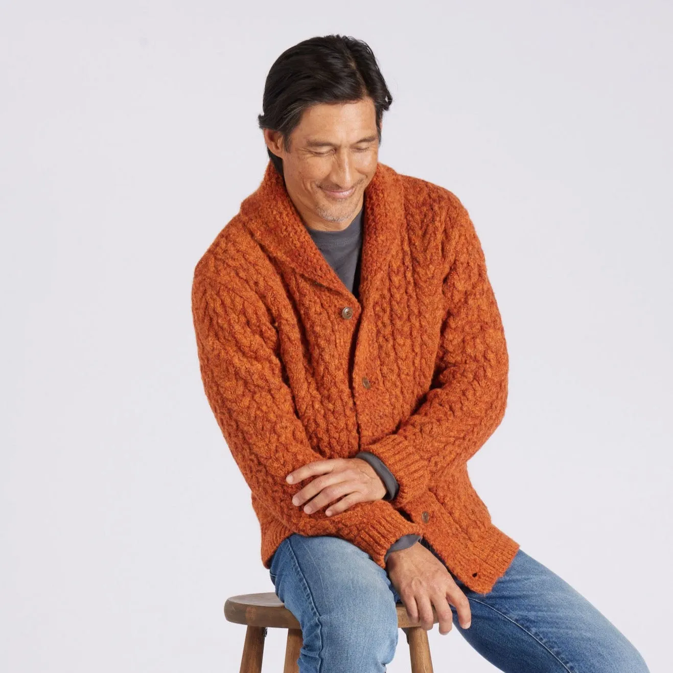 Melange Cable  Shawl Cardigan - Burnt Orange