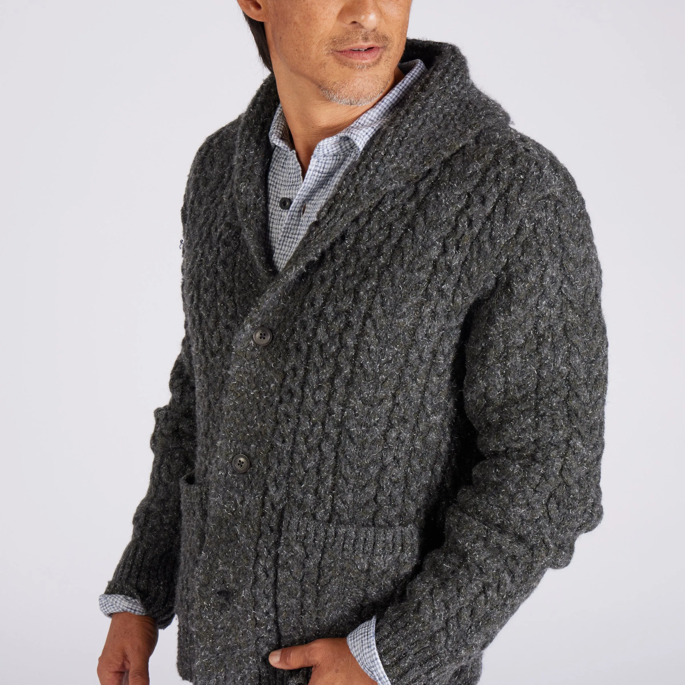 Melange Cable  Shawl Cardigan - Charcoal