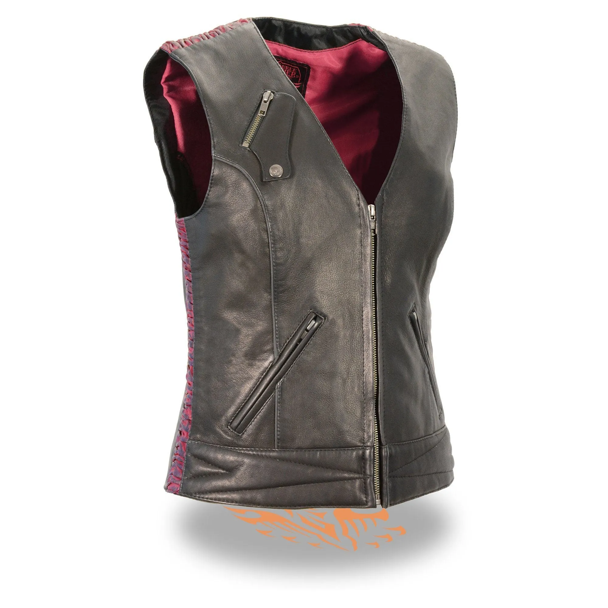 Milwaukee Leather-MLL4571-Ladies Black and Pink Lightweight Snap Front Vest with Crinkle Detailing