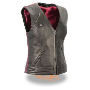 Milwaukee Leather-MLL4571-Ladies Black and Pink Lightweight Snap Front Vest with Crinkle Detailing