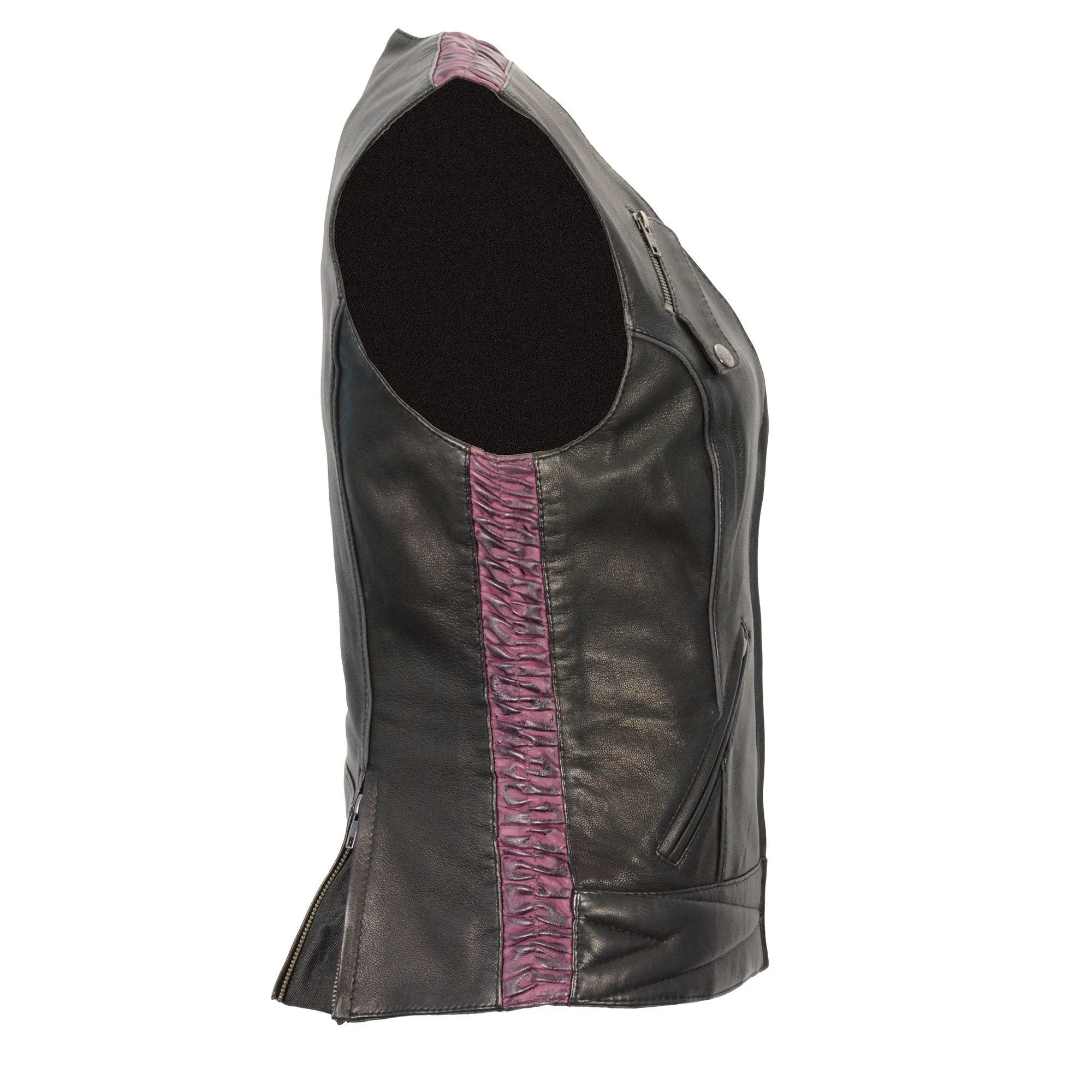 Milwaukee Leather-MLL4571-Ladies Black and Pink Lightweight Snap Front Vest with Crinkle Detailing