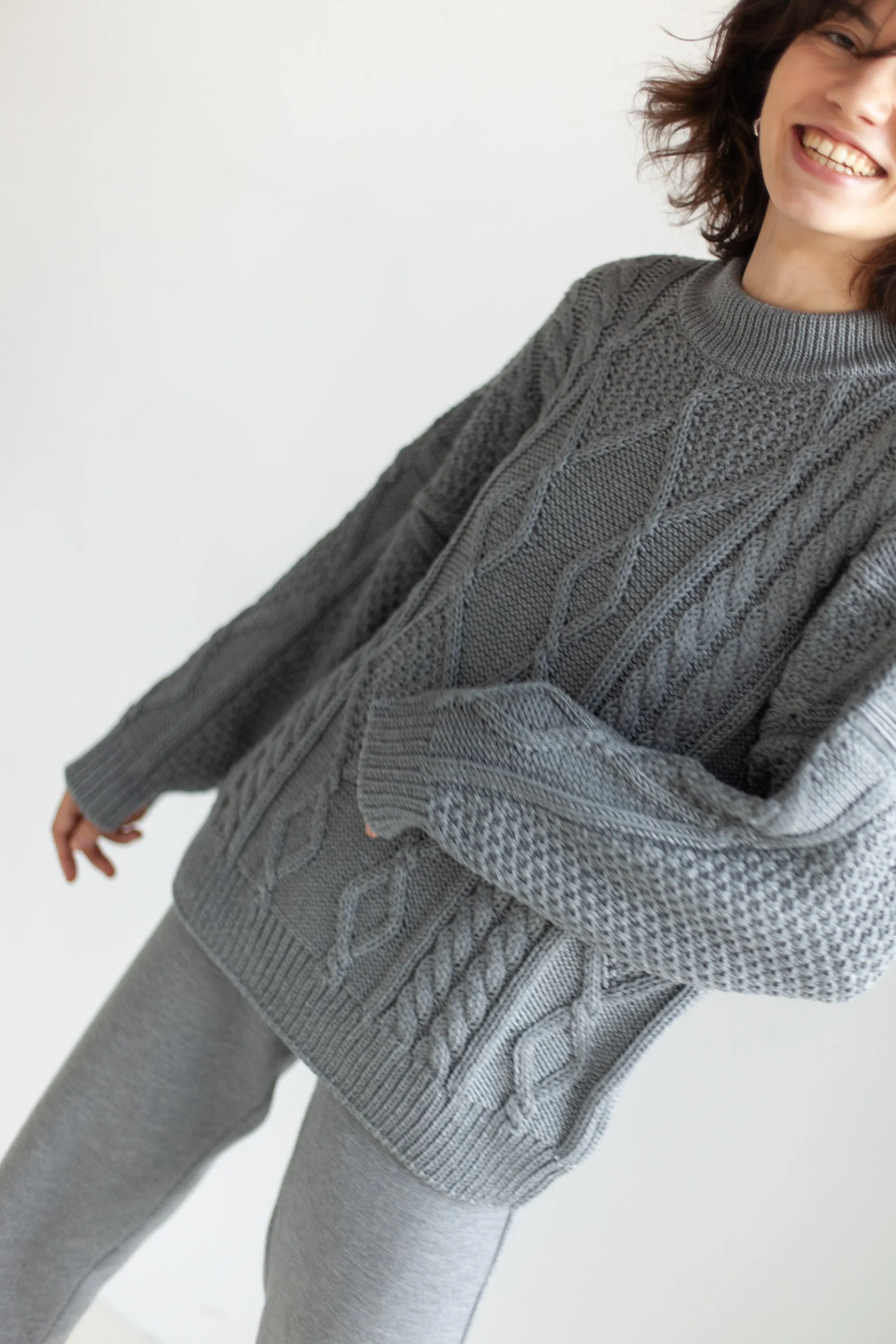 Nonna Cable-Knit 100% Merino Sweater Grey