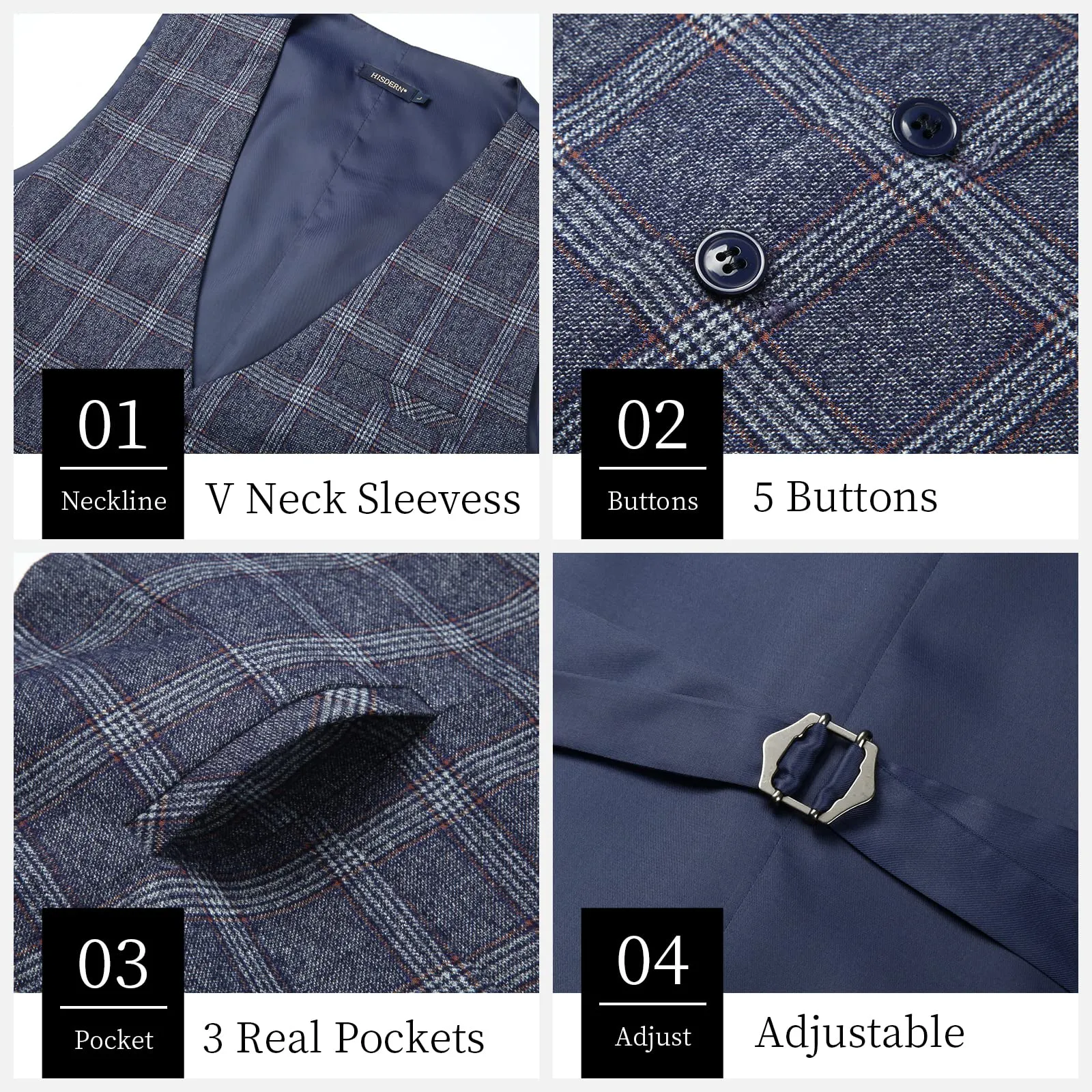 Plaid Slim Suit Vest - A7-BLUE&GRAY