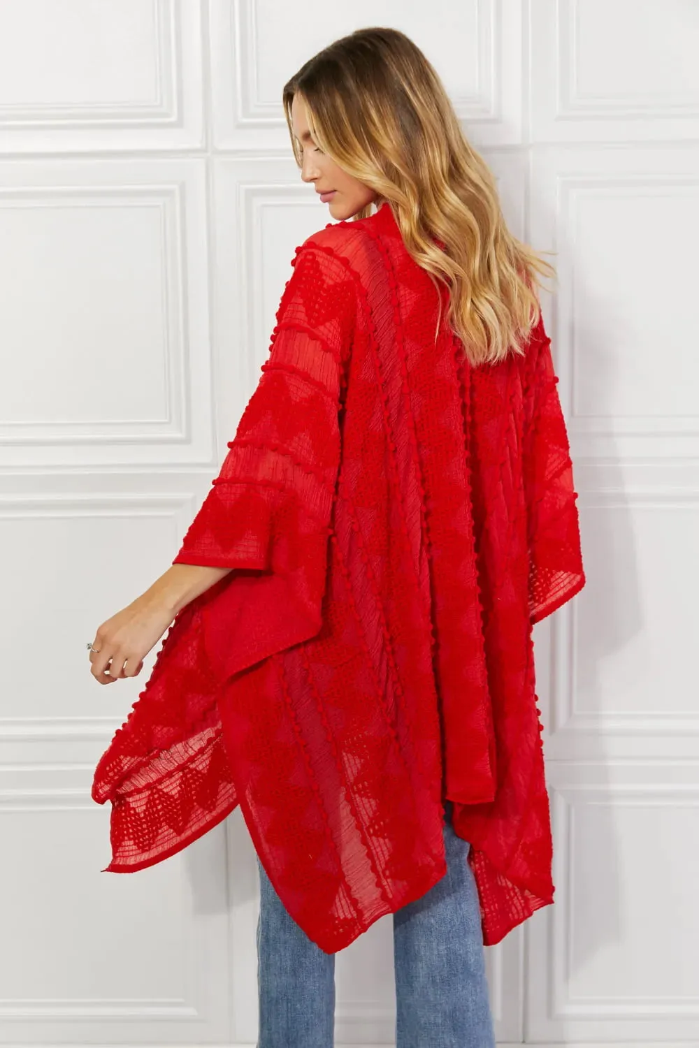 Pom-Pom Asymmetrical Poncho Cardigan in Red