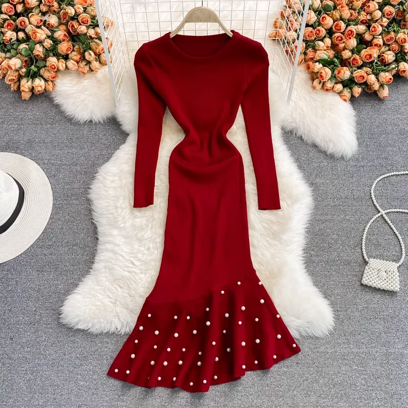 Stretch Knitted Skirt Autumn and Winter Beaded Mermaid Dress 1793