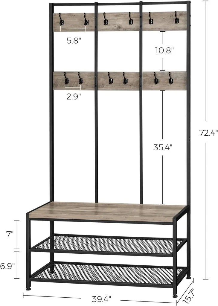 VASAGLE Large Coat Rack Stand with 12 Hooks and Shoe Bench Greige and Black