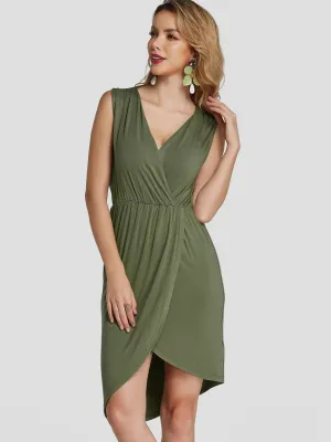 Wholesale Army Green Crossed Collar Sleeveless Irregular Hem Casual Dress