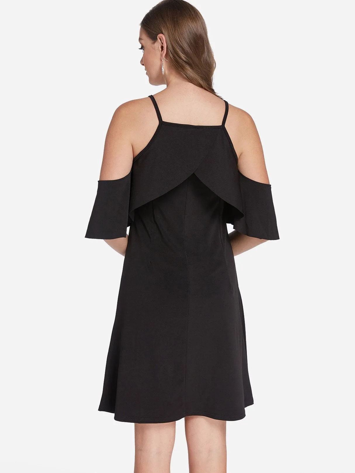 Wholesale Black Halter Cold Shoulder Plain Tiered Casual Dresses