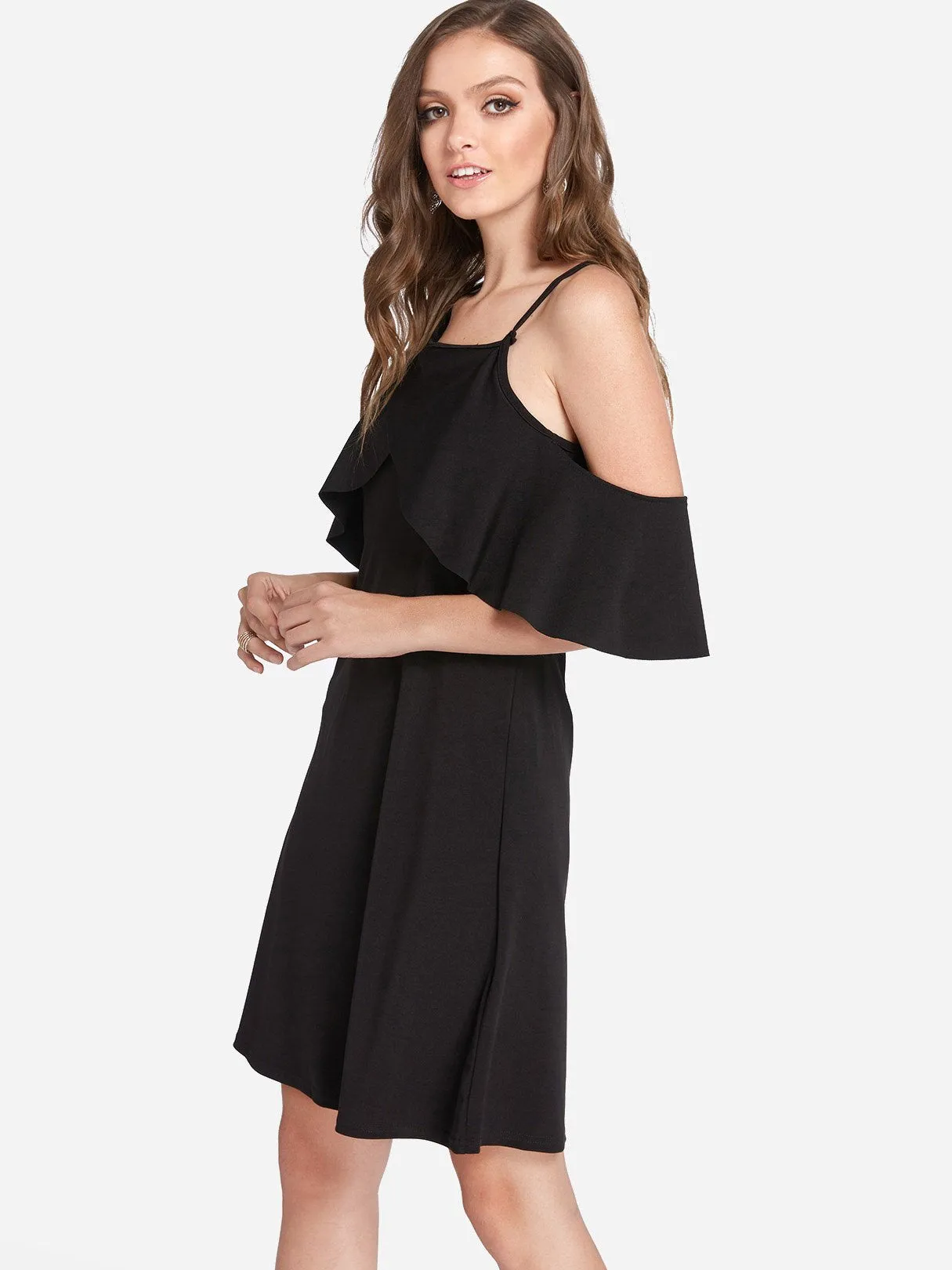 Wholesale Black Halter Cold Shoulder Plain Tiered Casual Dresses