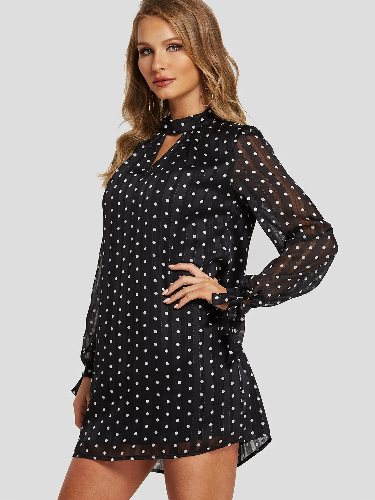 Wholesale Black Long Sleeve Polka Dot Cut Out Casual Dresses