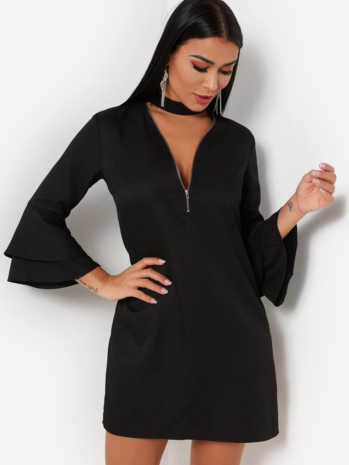 Wholesale Black V-Neck 3/4 Sleeve Length Camouflage Zip Back Casual Dresses